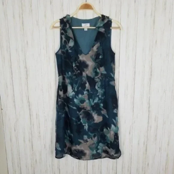 LOFT Teal Ruffled Sleeveless Printed Shift Dress - Picture 2 of 5
